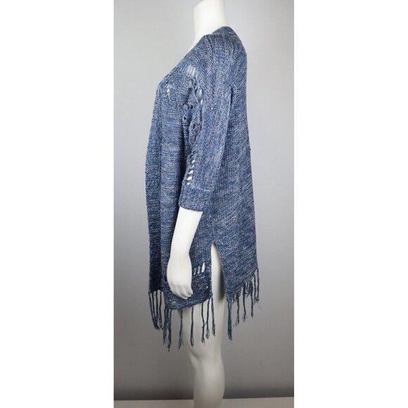 WOMEN'S BLUE 3/4 SLEEVE FRINGE CARDIGAN SWEATER - CONFESS - SIZE M - Picture 3 of 5